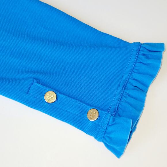 Lauren Ralph Lauren Long Sleeve Gold Button Ruffle Cuff Rib Knit Top Size L Blue - Picture 3 of 8